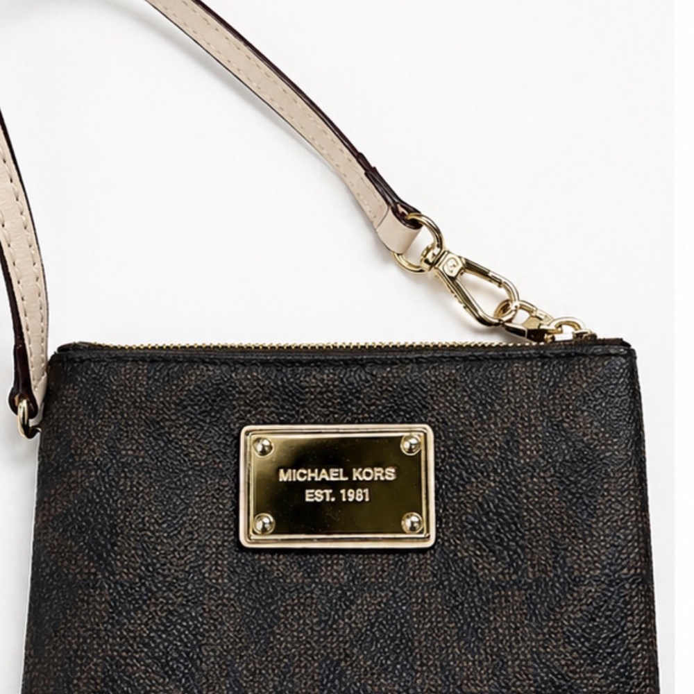 Michael Kors Gold Plate Brown Textured Wristlet Accent
